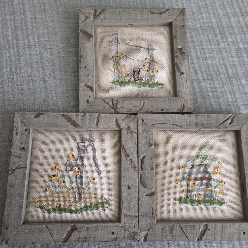 Set of 3 Rustic Framed Cross-Stitch Sunflower Art